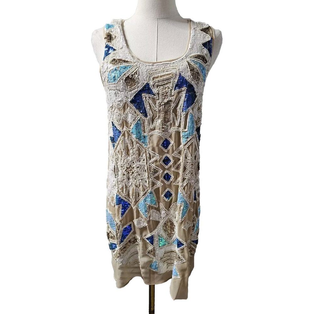 NEEDLE AND THREAD Beaded Sequin Aztec‎ Cocktail Dress White Aqua Sz 6 UK 10